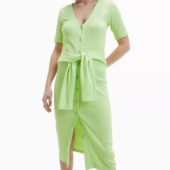 Calvin Klein Women's Ribbed Bodycon Logo Button-Down Dress Neon Green - Size S - Picture 1 of 7